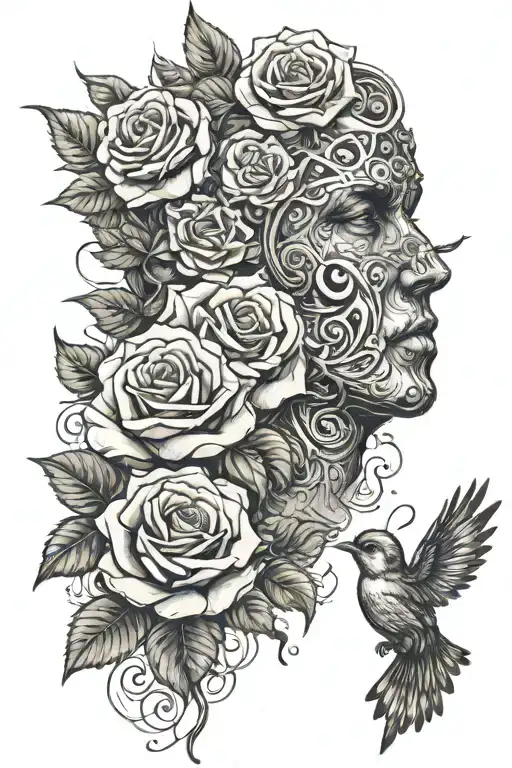 Warrior Face Roses At The Bottom And Sparrow Flying