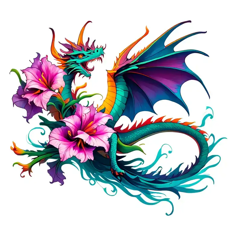 Gladiolus Flower With Abstract Dragon Flying