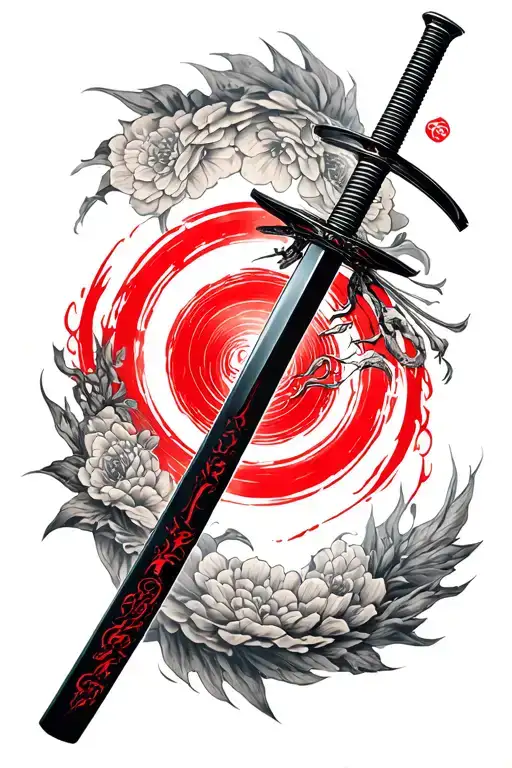 Katana Tattoo With Red Circle Shape