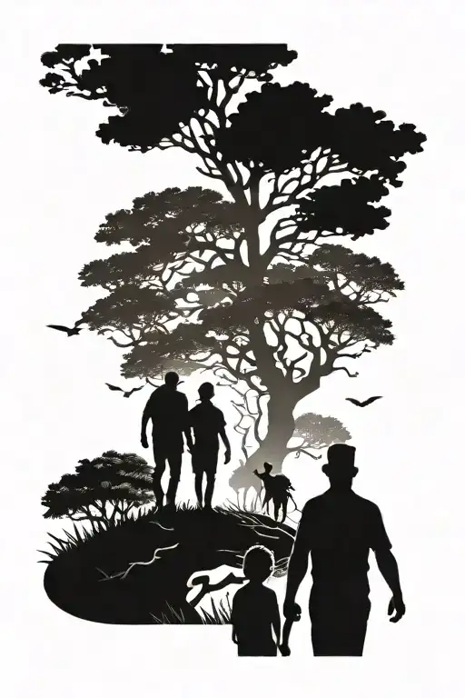 Silhouettes Of A Man Leading His Two Sons Toward A Tree Of Life