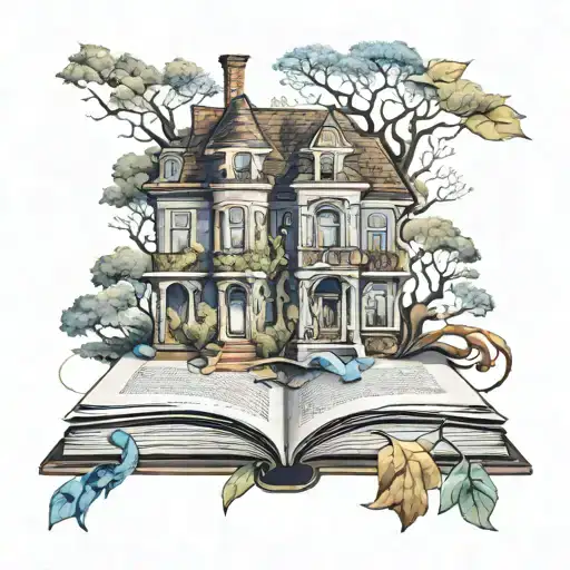 Old Mansion Surrounded By Loose Book Pages