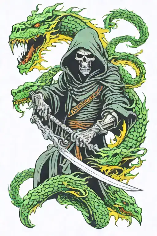 Grim Reaper With Green Flames And Chinese Dragon