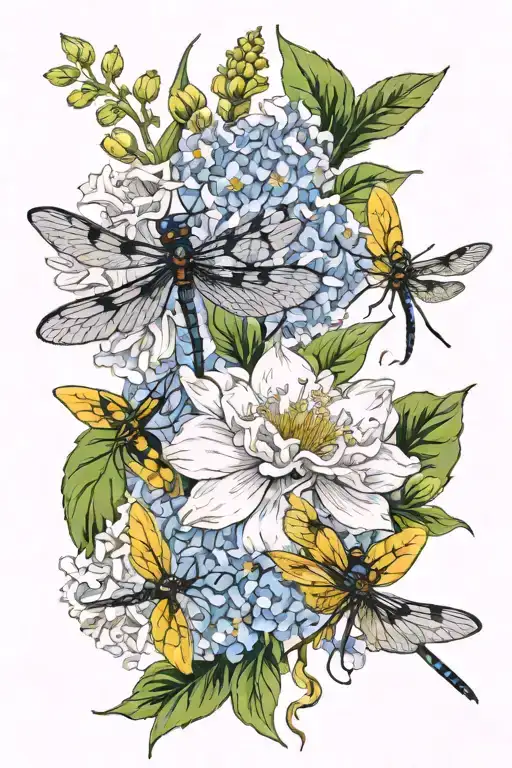 August And March Birth Flowers With Dragonflies Flying