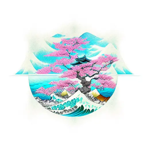 Japanese Waves And Cherry Blossoms In Color