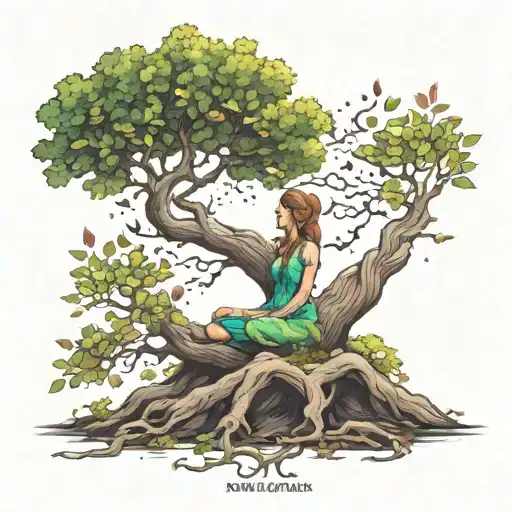 Feminine Shaped Tree In A Meditation Stance Where Her Hair Is The Leaves Falling