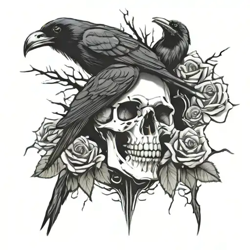 Roses Thorns Raven Skull