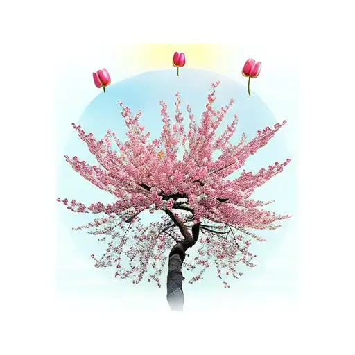 Sunny Spring Flowering Plum Tree Orchard With Flowering Red Tulips