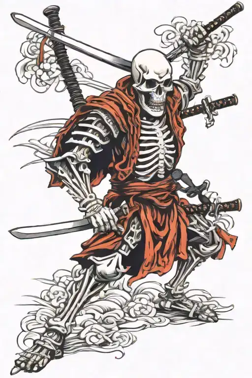 Samurai Skeleton With Katana Swords Drawn