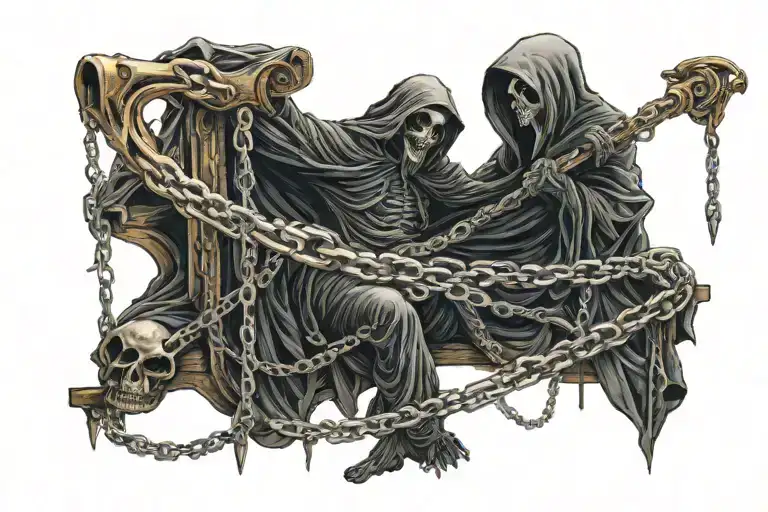 Full Body Grim Reaper Wrapped In Chains Holding A Scythe