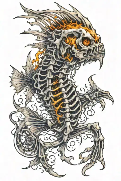 One Fish Skeleton With Fins On Fire