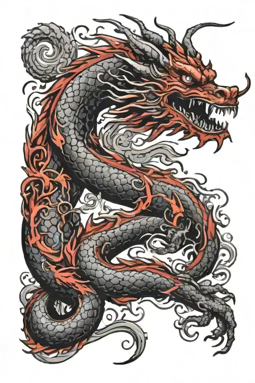 Full Arm Tattoo Of A Red And Black Japanese Dragon With Many Details