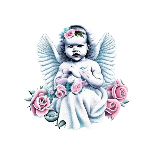 Baby Angel With Roses And Clouds