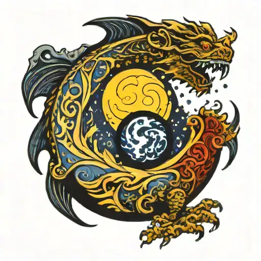 Tattoo Of Starry Night By Picasso In The Shape Of A Yin Yang Sign That Forms A Dragon