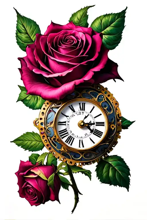 Rose With Clock Mechanism Intertwined
