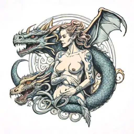Nude Woman With Dragon Flying