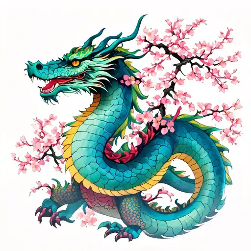 Fantastic Dragon With A Japanese Cherry Tree