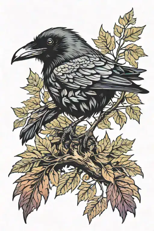 Raven And Oak Tree Colored Leaves