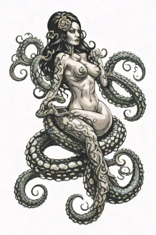 Darkly Alluring Nude Dominatrix Held In Octopus Tentacles
