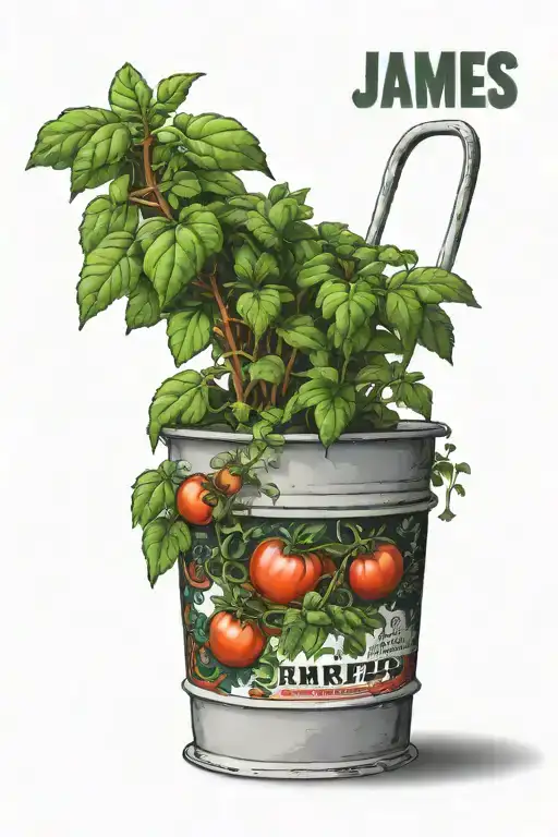 5 Gallon Bucket With A Tomato Plant In The Bucket With The Name James On It