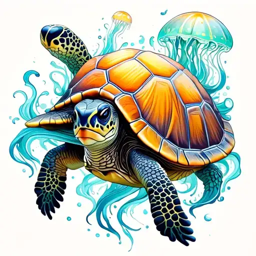 Turtle With Flowy Waves And Jellyfish Around It