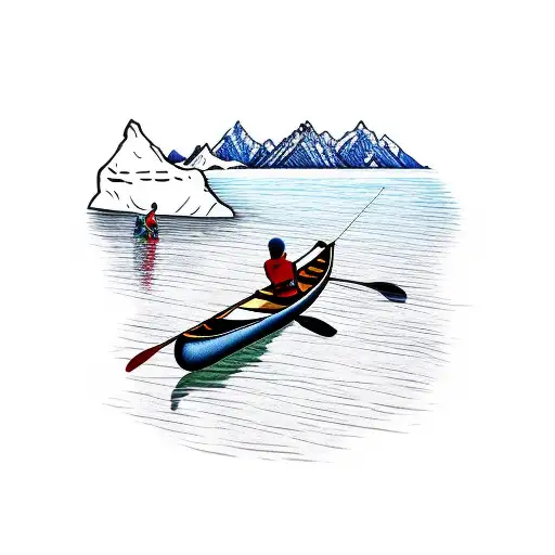 2 People Fishing On Canoe In Lake With Moutains In The Background