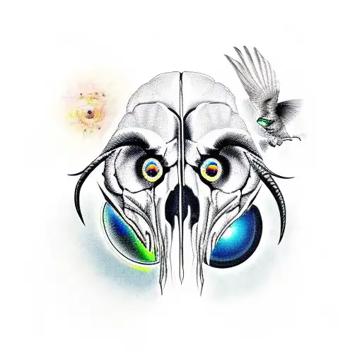 Ram Skull With Two Birds And Eyeball