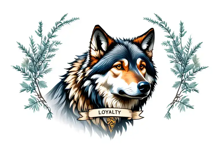 A Wolf Tattoo Design With A Natural Backround And A Label At The Bottom Stating Loyalty