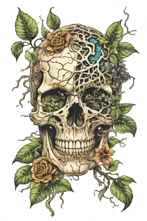 Cracked Skull Through Which Plants Emerge Intertwining