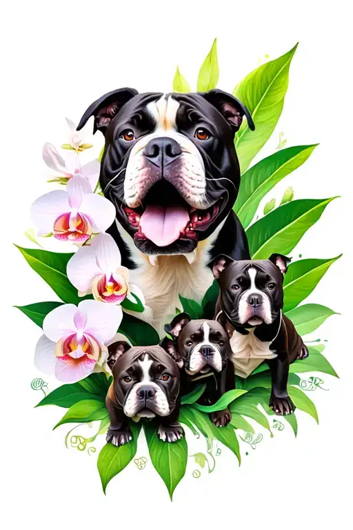 American Bully Family Of 4 With Leaf Of Orchids Blooming With Filipino Culture Elements