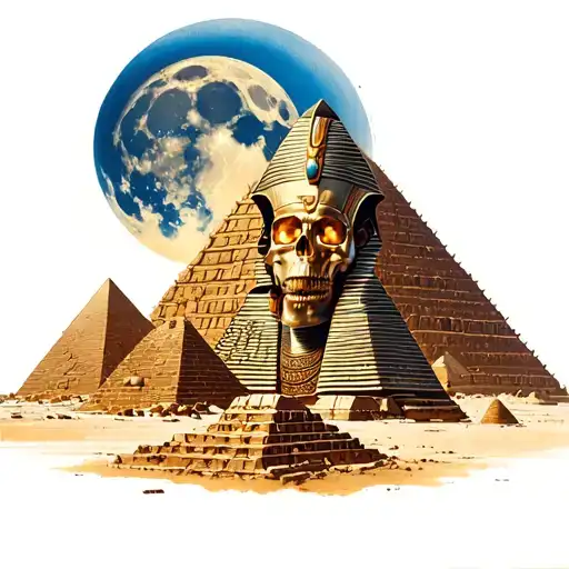 Pyramids With The Moon Surrounded And Pharoah Skull