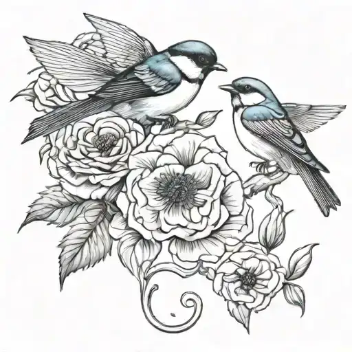 Swallow Bird Chickadee Roses Intertwined Poppies Growing