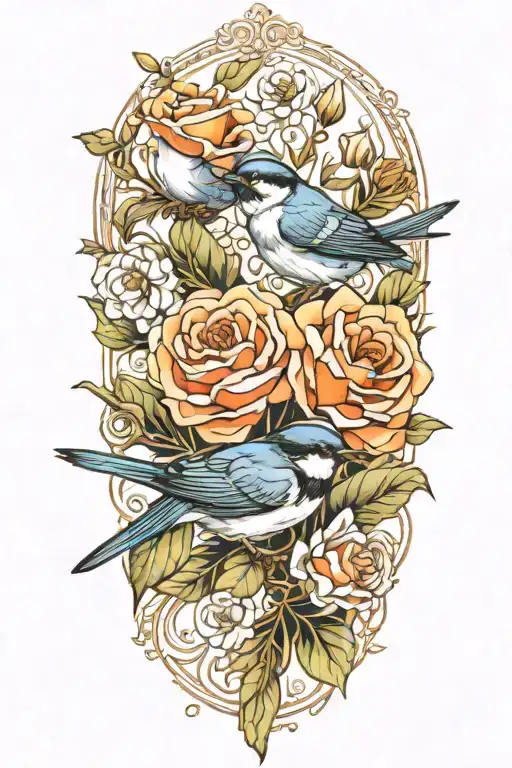 Swallow Bird Chickadee Roses Intertwined Poppies Growing