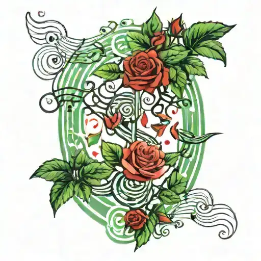 Green Trees With Red Roses Surrounding And Music Notes Floating