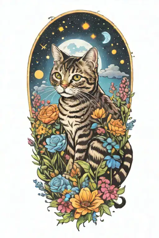 A Cat Exploring A Field Of Colorful Flowers Under A Starry Sky