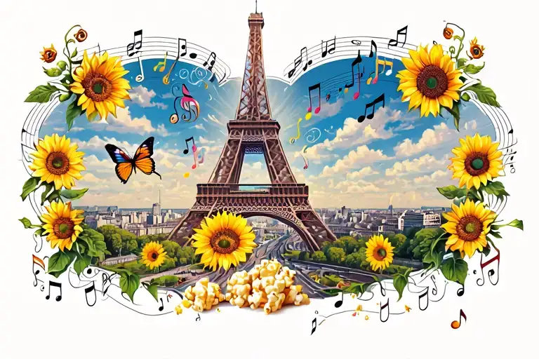Eiffel Tower With Music Notes Around It A Butterfly A Sunflower And Popcorn At The Bottom