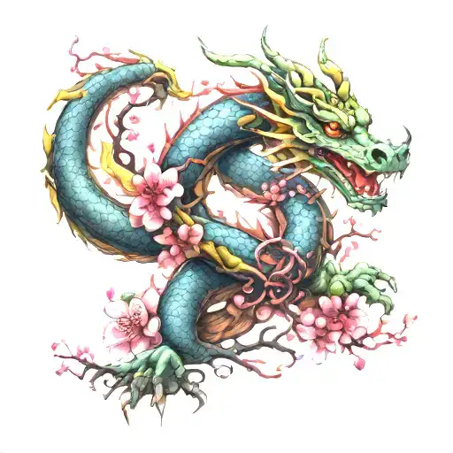 Cherry Blossom Dragon Intertwined