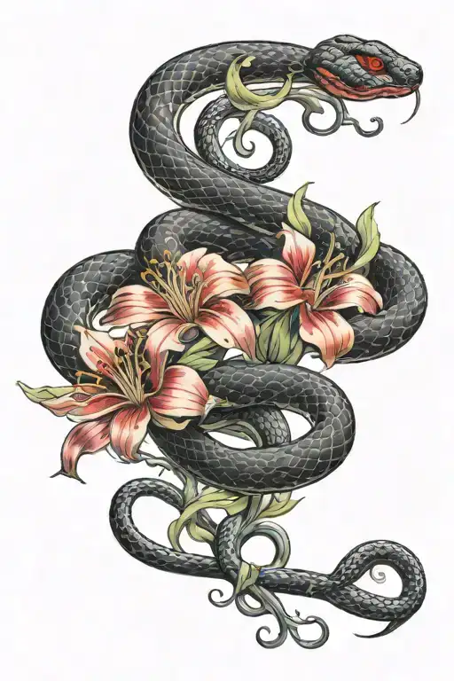 Red Flower With Black Snake Intertwined
