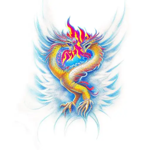 Phoenix With Flames And Dragon