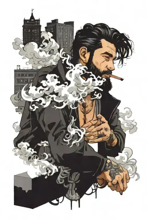 Young Man With Black Hair And Beard Smokes Sitting On A Low Wall Against A City Background