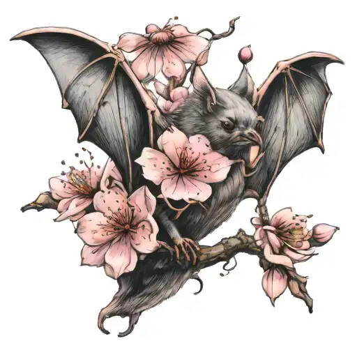 A Bat With An Exposed Skeleton And A Cherry Blossom