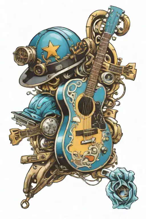 Blue Accoustic Guitar With Medic Helmet Hanging Off