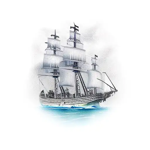 Pirate Ship On Sea Seen From Behind At An Angle