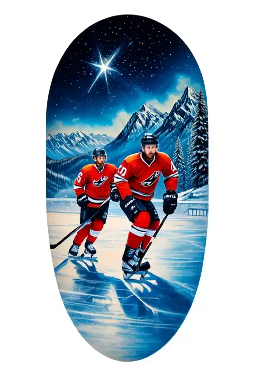 Hockey Players Skating With Mountains And North Star