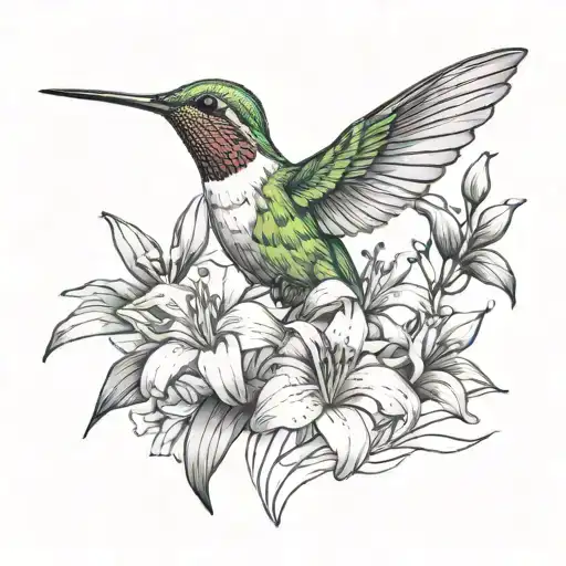 Hummingbird With Lines And Lily Flowers Blooming