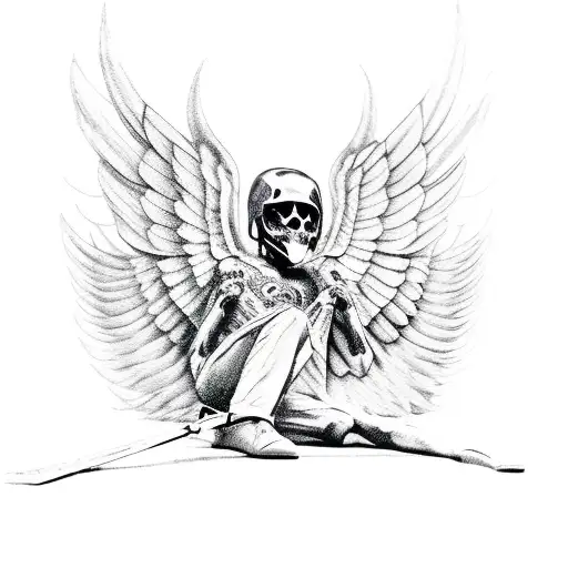 Male Fallen Angel On Ground Has A Broken Wing And Scythe In Hand