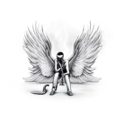 Male Fallen Angel On Ground Has A Featherless Ring Wing And Scythe In Hand