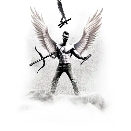 Male Fallen Angel On Ground Has A Featherless Wing Wing And Scythe In Hand