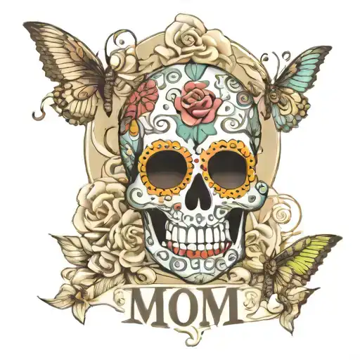 Sugar Skull With The Word Mom Under It And The Dates 06-30-1950 - 09-18-2024