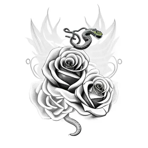 Snake Around A Dagger With Roses Behind