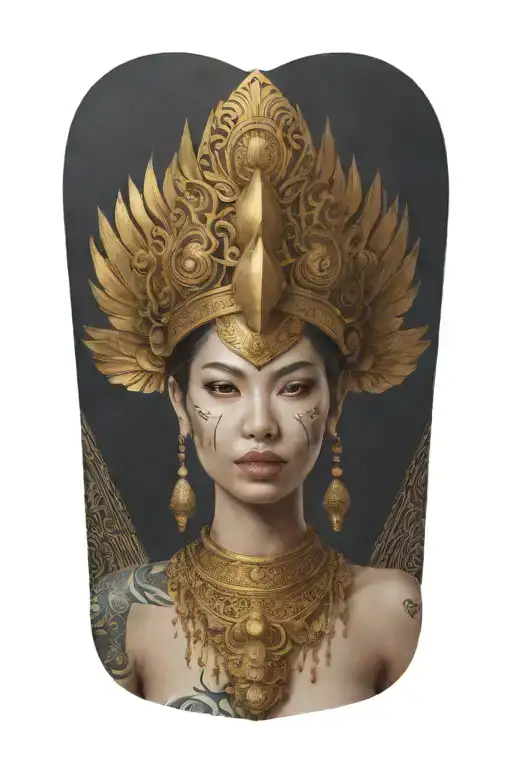 Maiden Wearing Golden Thai Headress Incorporating Sail Ship